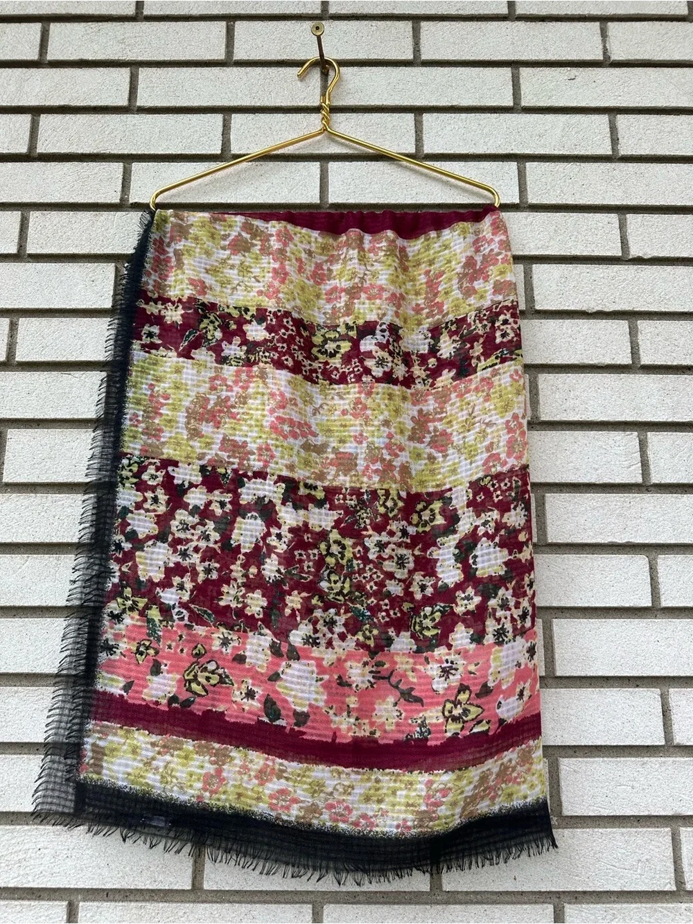 J. Jill Floral Gauze Scarf Black Fringe Boho Square Lightweight Wrap Cottagecore